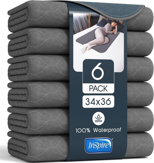 Inspire Underpads - Reusable Waterproof Incontinence Bed Pads | Stain Hiding Gray | 34 X 36 (6 Pack)