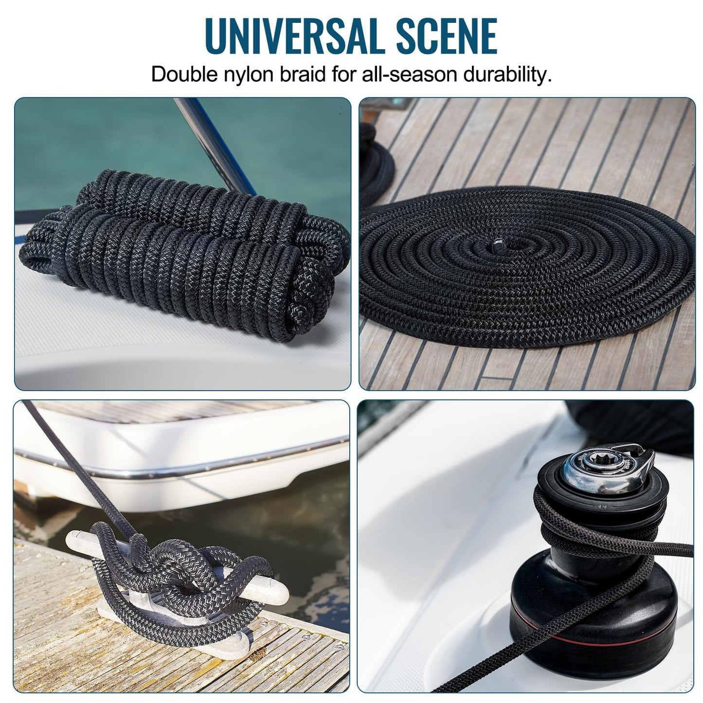4 Pack 1/2" x 25’ Boat Dock Lines for Boat & Pontoon, Premium Marine- Grade Double Braided Nylon Dock Line, Pre-Spliced with a 12" Eyelet-Black,Boating Gifts for Men