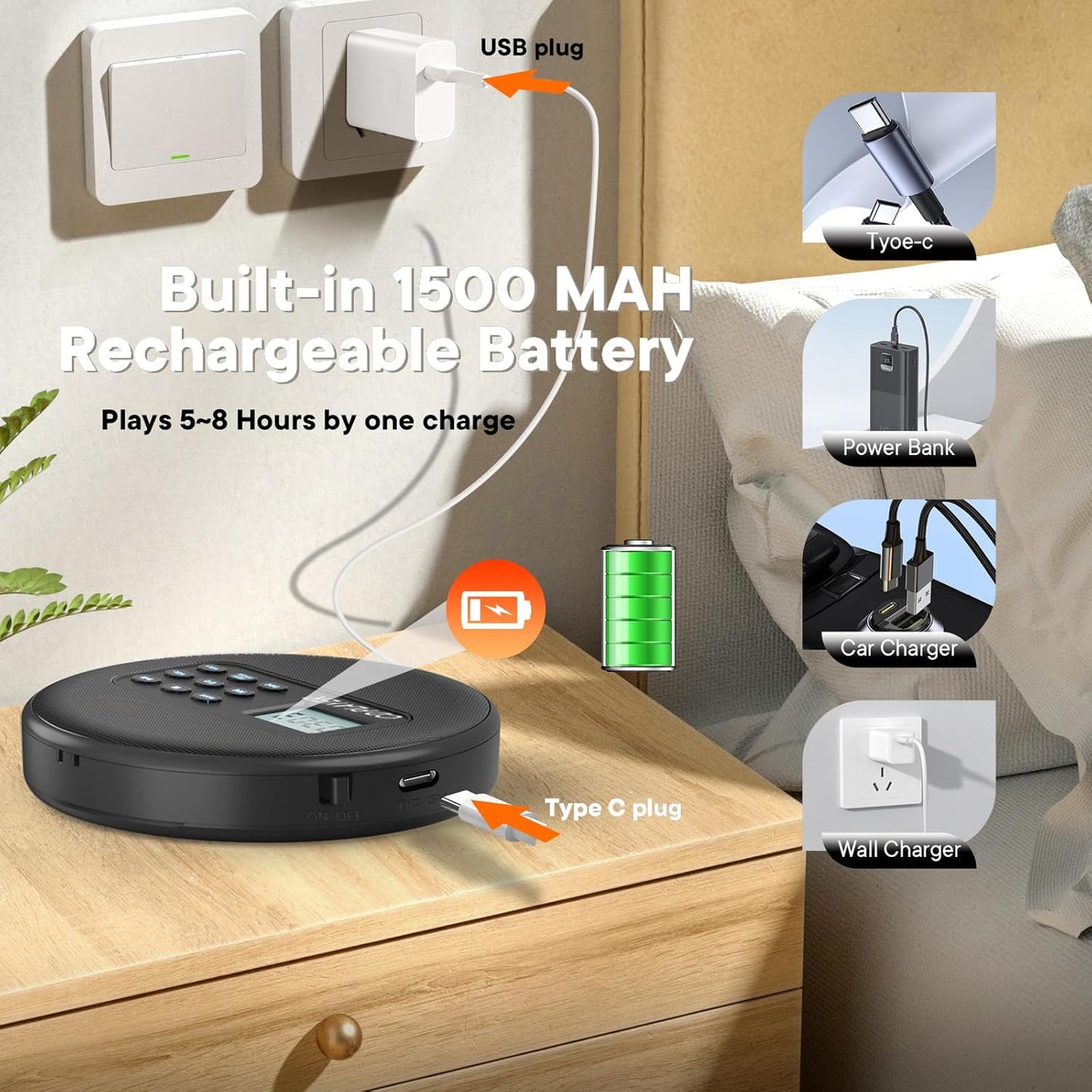 Kuephom Discman CD/USB/MP3 Portable CD Player with Headphones and Built-in Speakers: Rechargeable with Anti-Skip