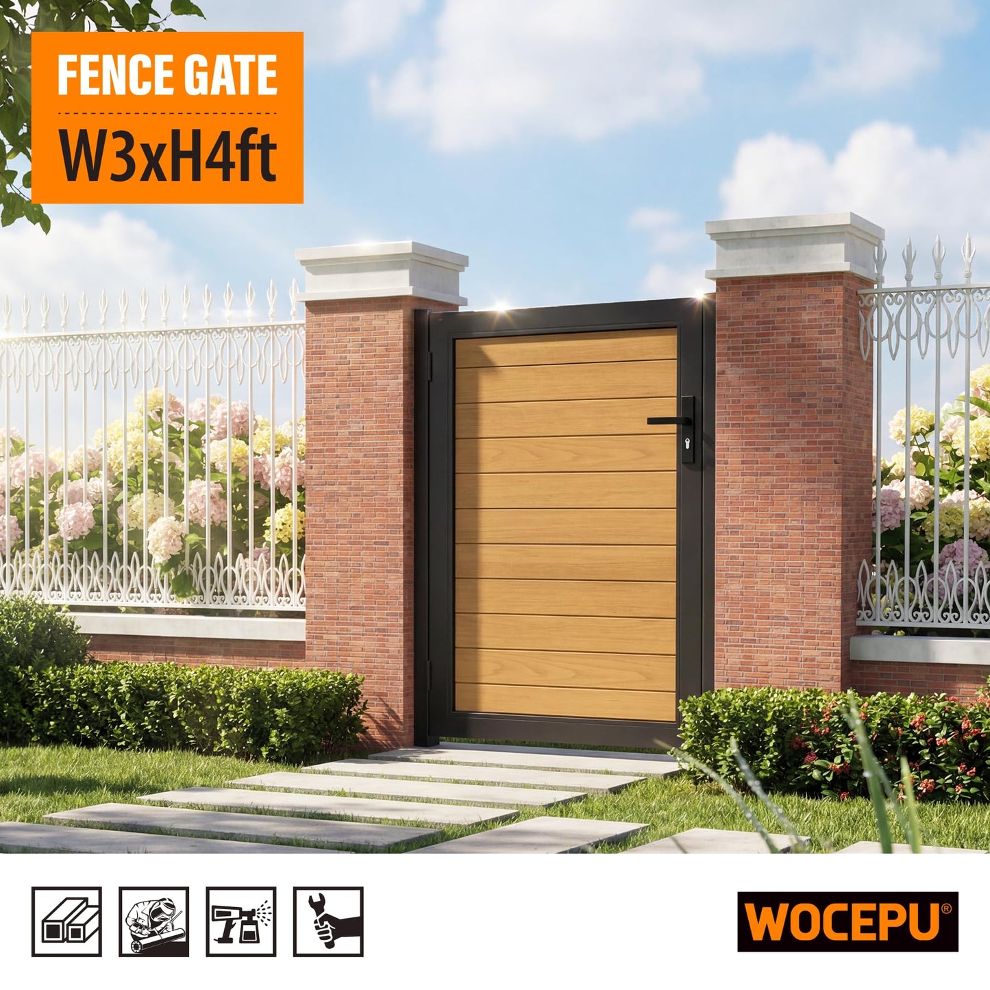 WOCEPU 3x4 FT (34.8"x47.8") Aluminum Fence Gate Kit, Heavy-Duty Wood Grain Aluminum Gate with Decorative Cutout, Lock & Hinges, Left/Right Opening, Weather-Resistant for Yard, Garden, Backyard