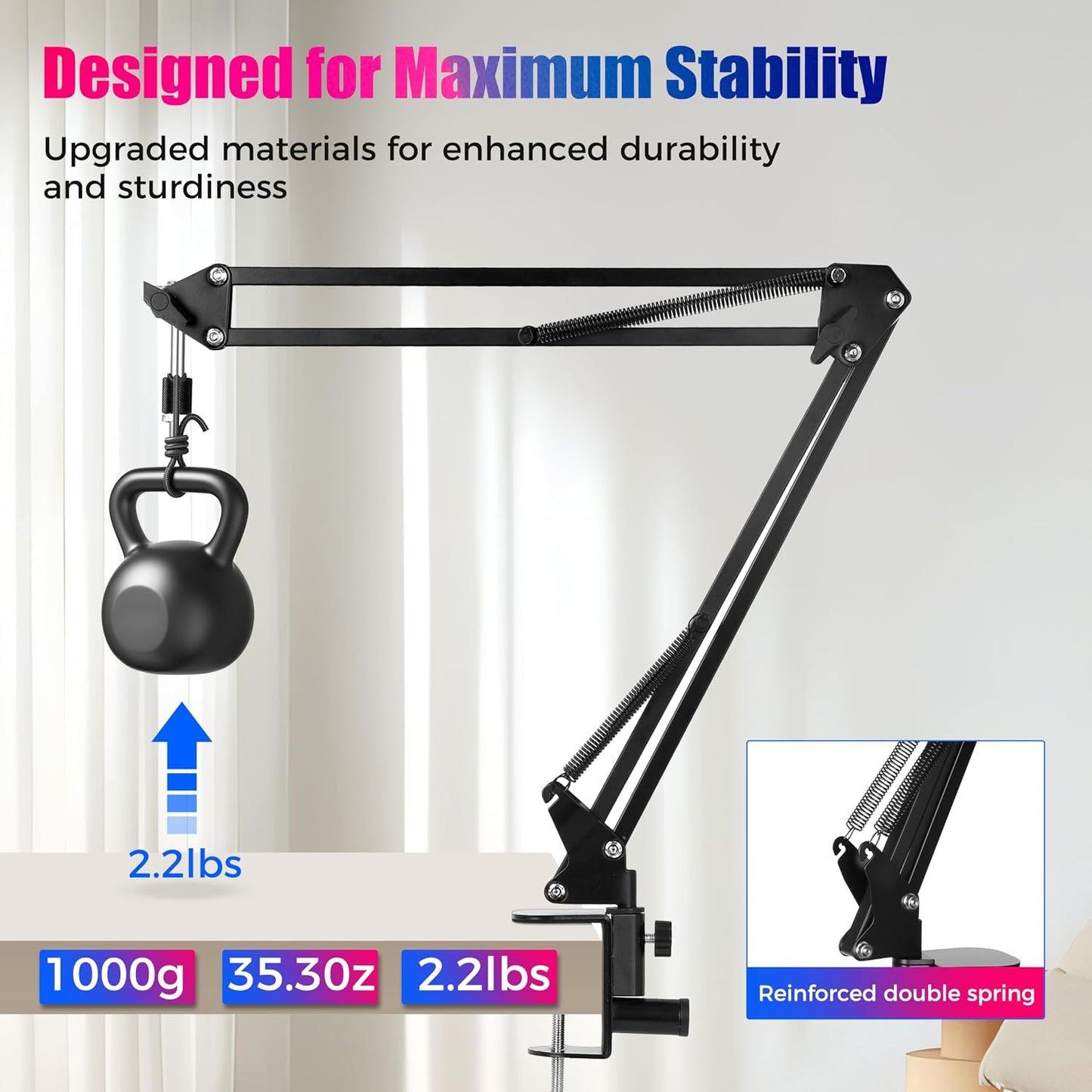 ellrkr 30" 360 1/4" 5/8" Magic Arm Holder w Clamp - Overhead Phone Mount for Desk, Smooth & Thread Webcam Stand