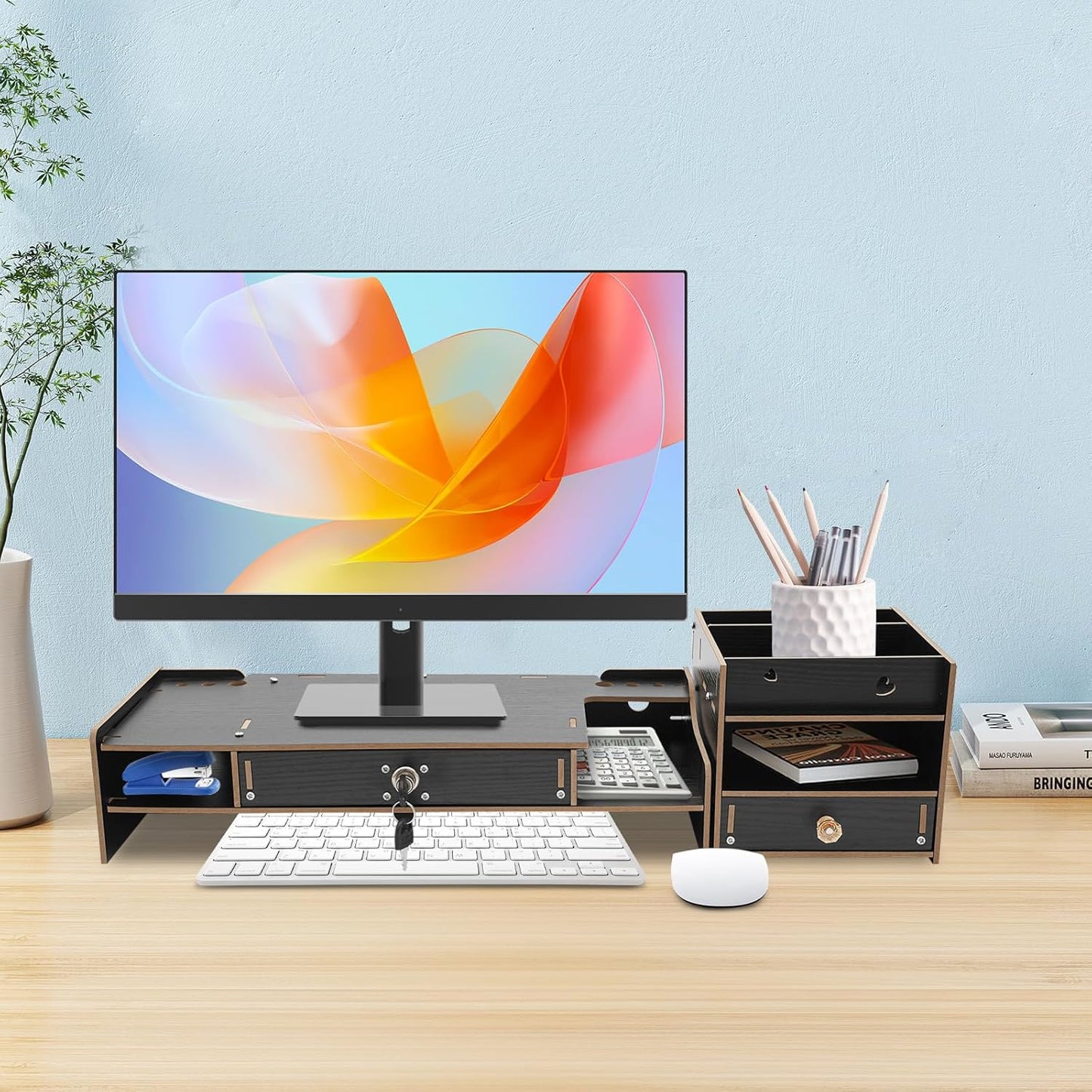 QUSKLISU (06) Computer Monitor Stand, Computer Rack with Drawers, Two top Platforms Desk Organizer Monitor Stand