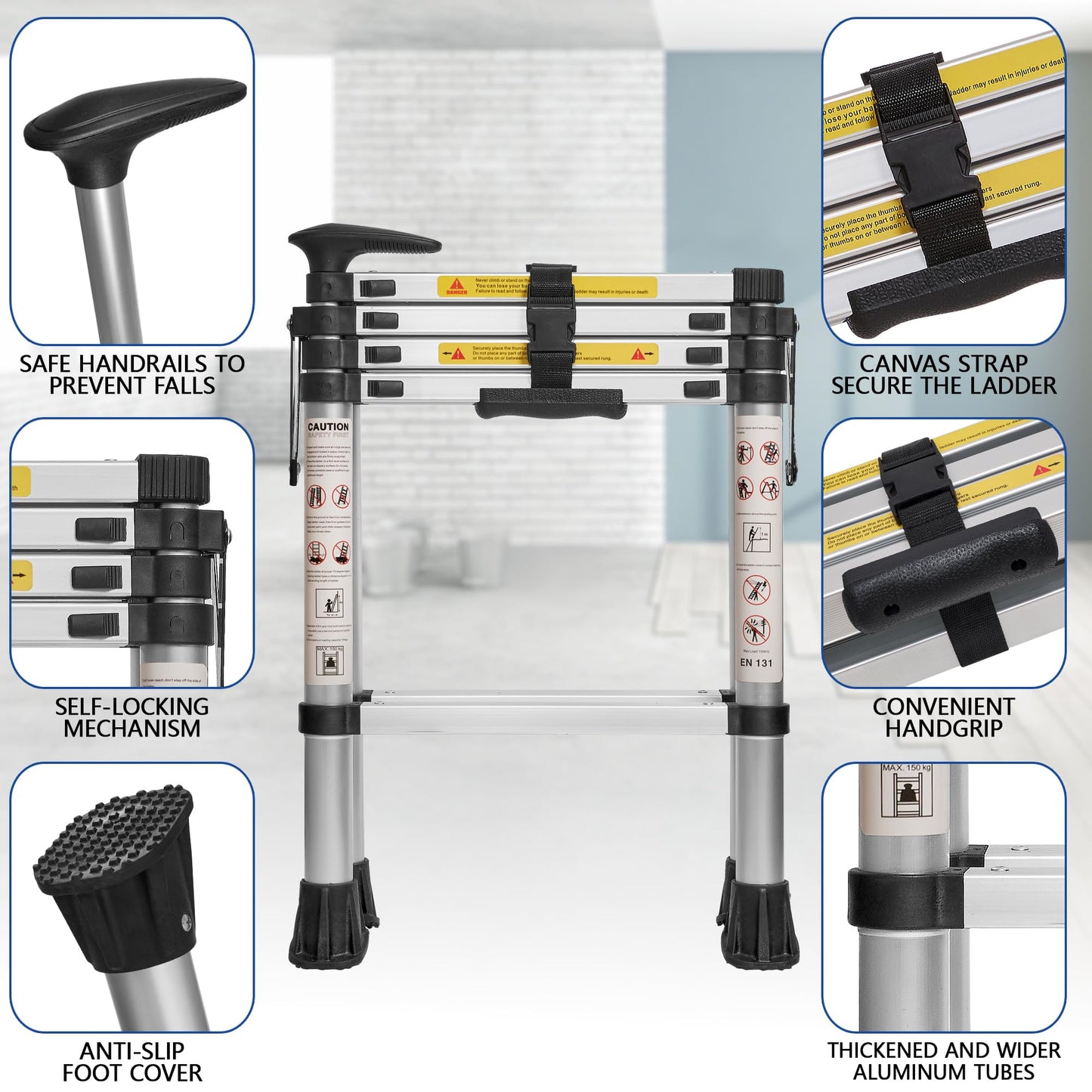 5.6 FT A-Frame Aluminium Telescoping Ladder,6+6 Step Ladder,330LB Load Capacity,Portable Telescopic Folding Extension Ladder Heavy Duty Collapsible Ideal for Home and Outdoor(1.7m+2m/12.2FT Handrails)