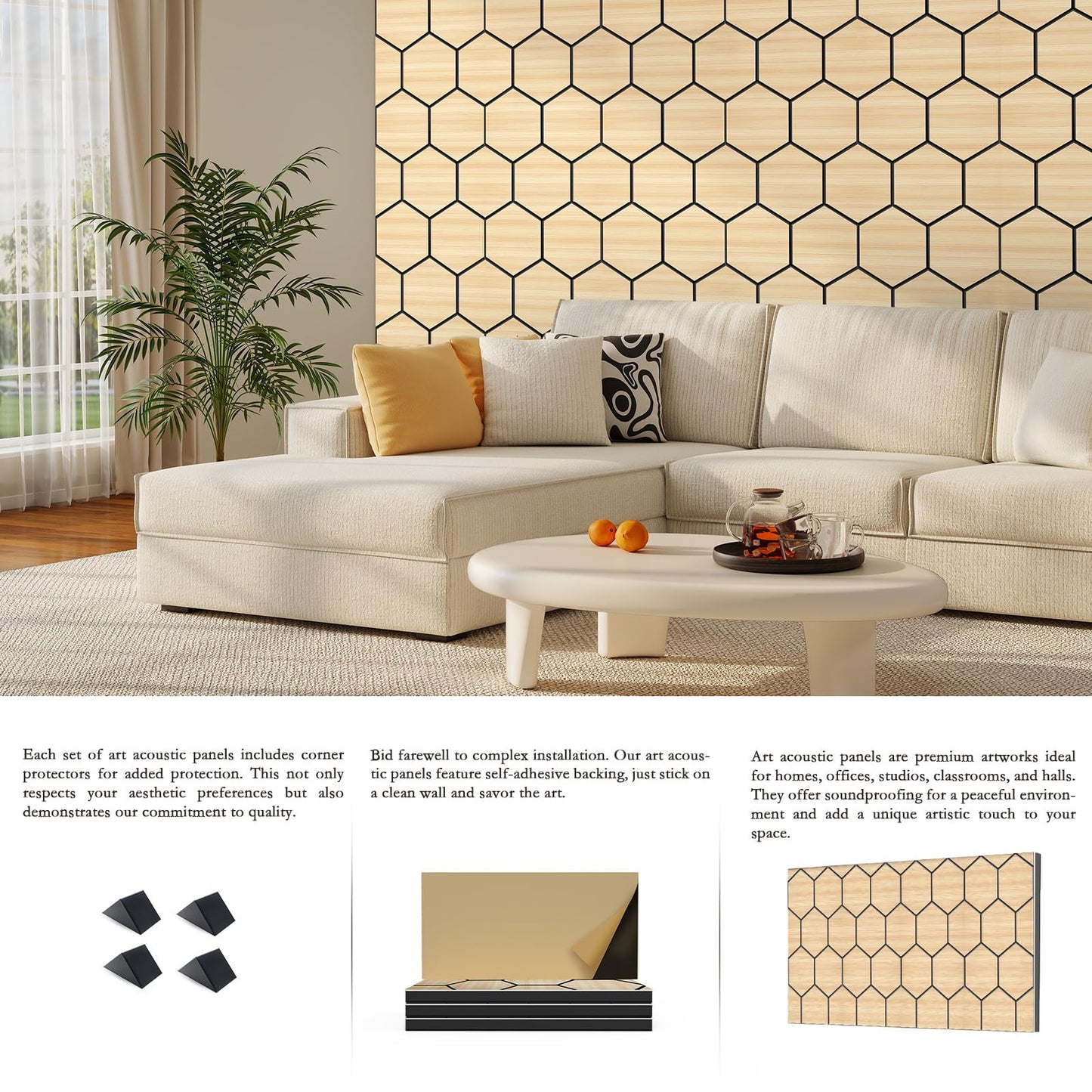 4Pack Acoustic Wall Panel Self-Adhesive Soundproof Foam Panels for Wall, 3D Perforated Tri-Layer Polyester Fiber Decorative Acoustic Insulation for Recording Studio, Office, Home, 24×12×1.78", Hexagon