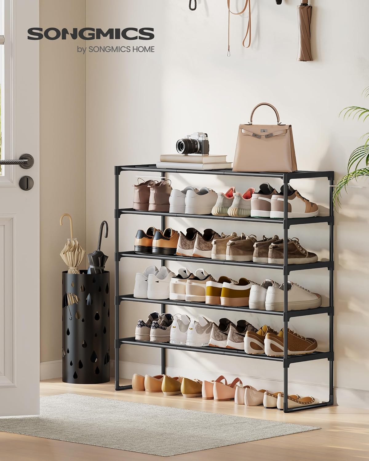 SONGMICS 5-Tier Shoe Rack - Stackable Metal Organizer for 20-25 Pairs | Black, 11.8 x 36.2 x 35.4 Inches