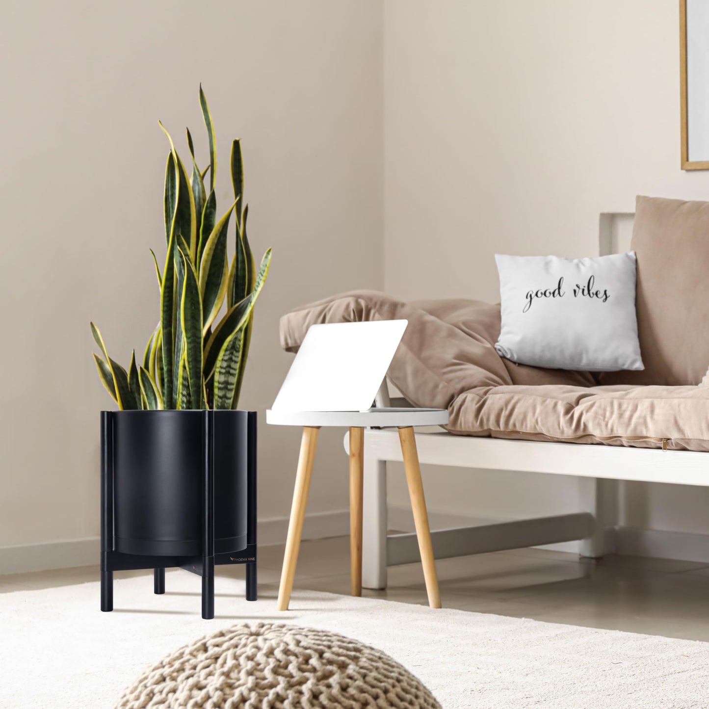 D'vine Dev Planter Pot with Stand - 14 Inch Plastic Cylinder Flower Pot with Wood Planter Holder for Indoor, Matte Black Pot + Ebony Stand, 55-C-T-2