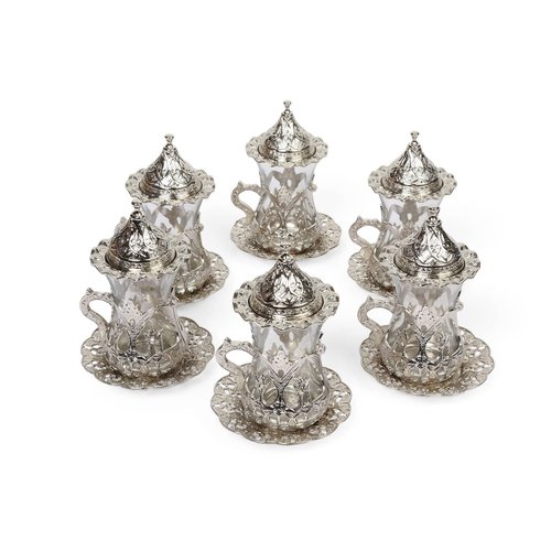 Alisveristime (SET OF 6 Handmade Turkish Tea Water Zamzam Serving Set Glasses Saucer (Silver)