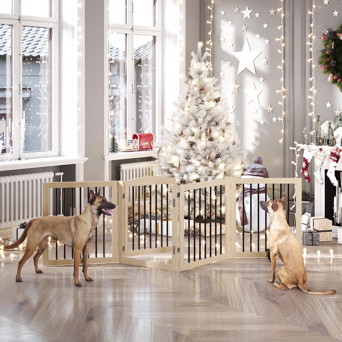 Vantas Folding Pet Gate 96" Wide, 30" Tall No-Assembly Wooden Dog Gate with Door Walk Through, Freestanding Puppy Safety Fence, with 2PCS Support - Natural White