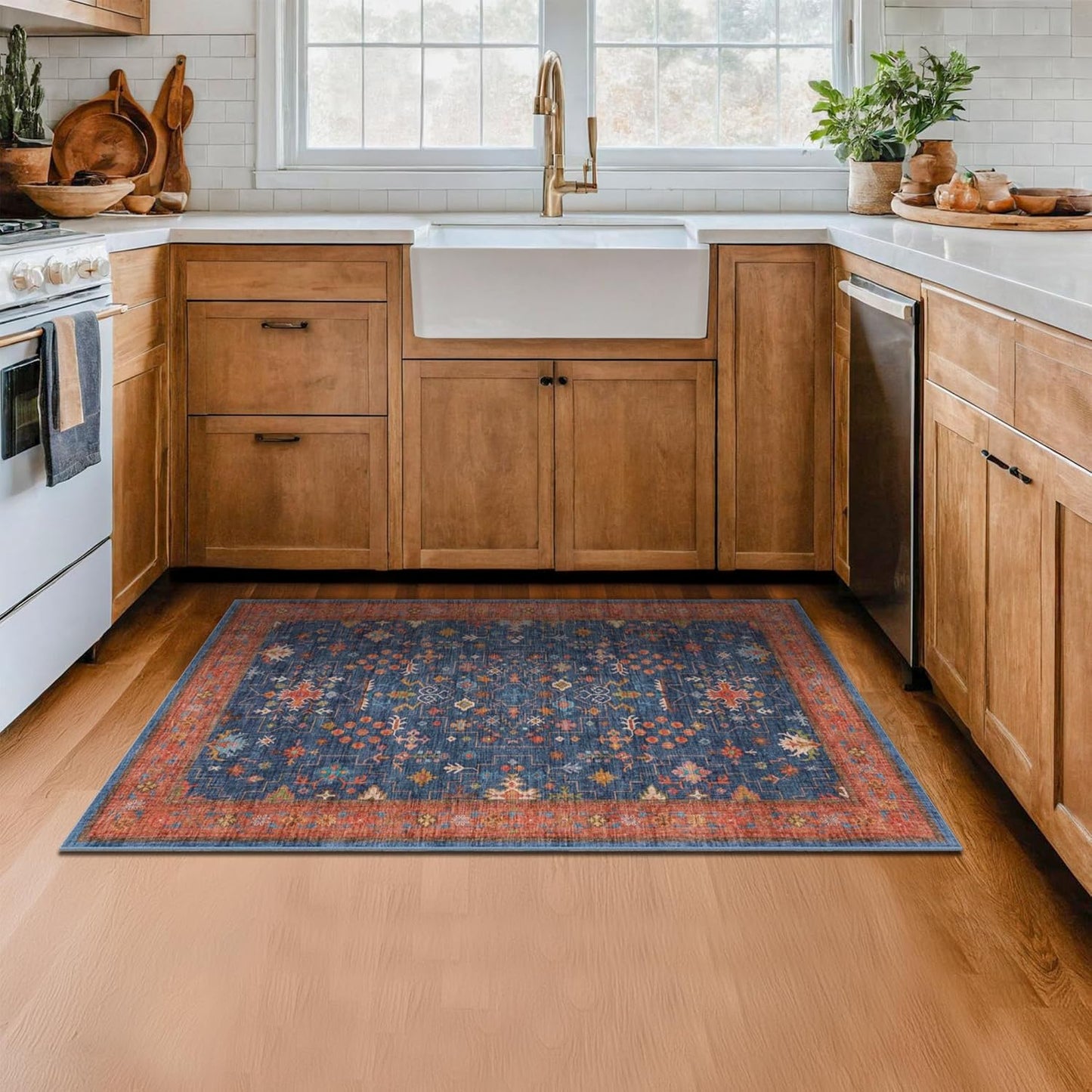 Skiennix Large 3x5 Kitchen Rug - Non-Slip, Machine Washable, Stain Resistant | Tribal Farmhouse Décor (Navy Blue)