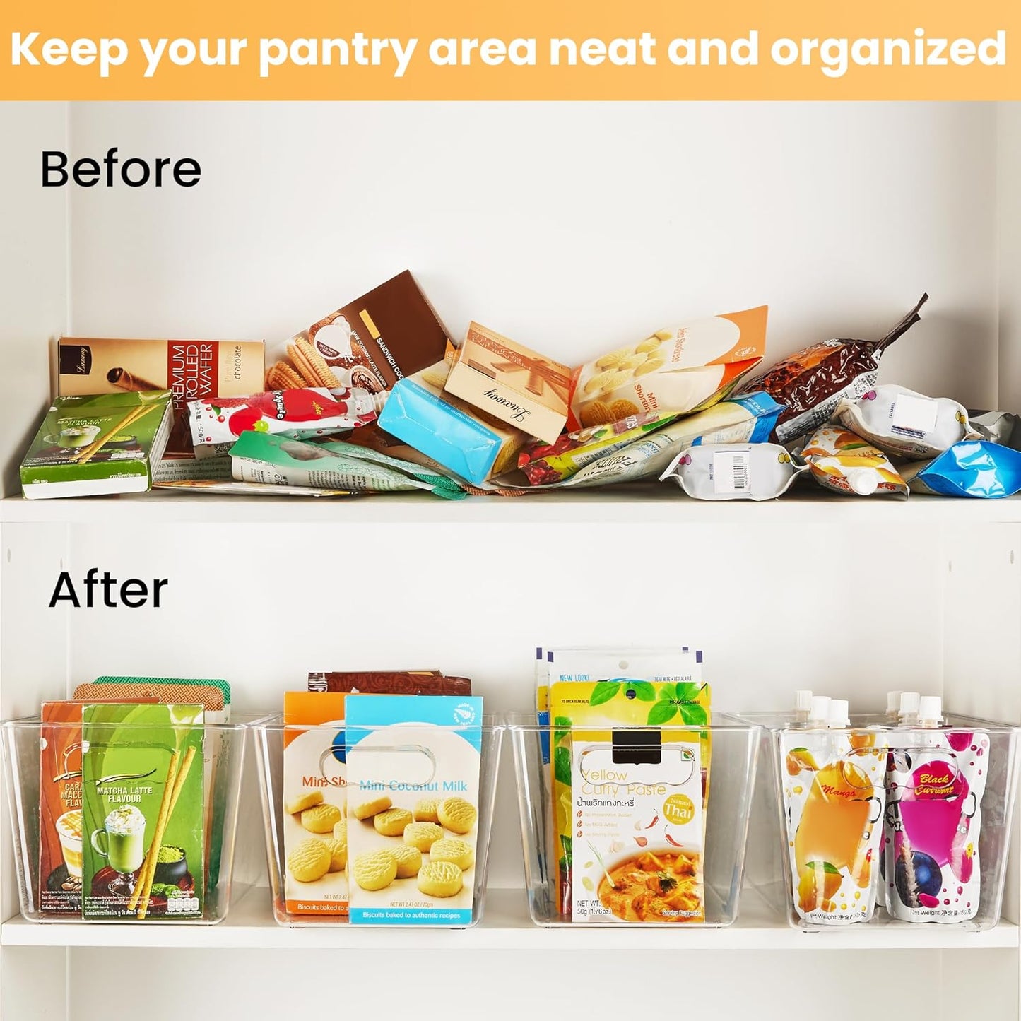 YIHONG Clear Pantry Organizer Bins - 6 Pack Plastic Containers with Handles for Kitchen & Bathroom Storage