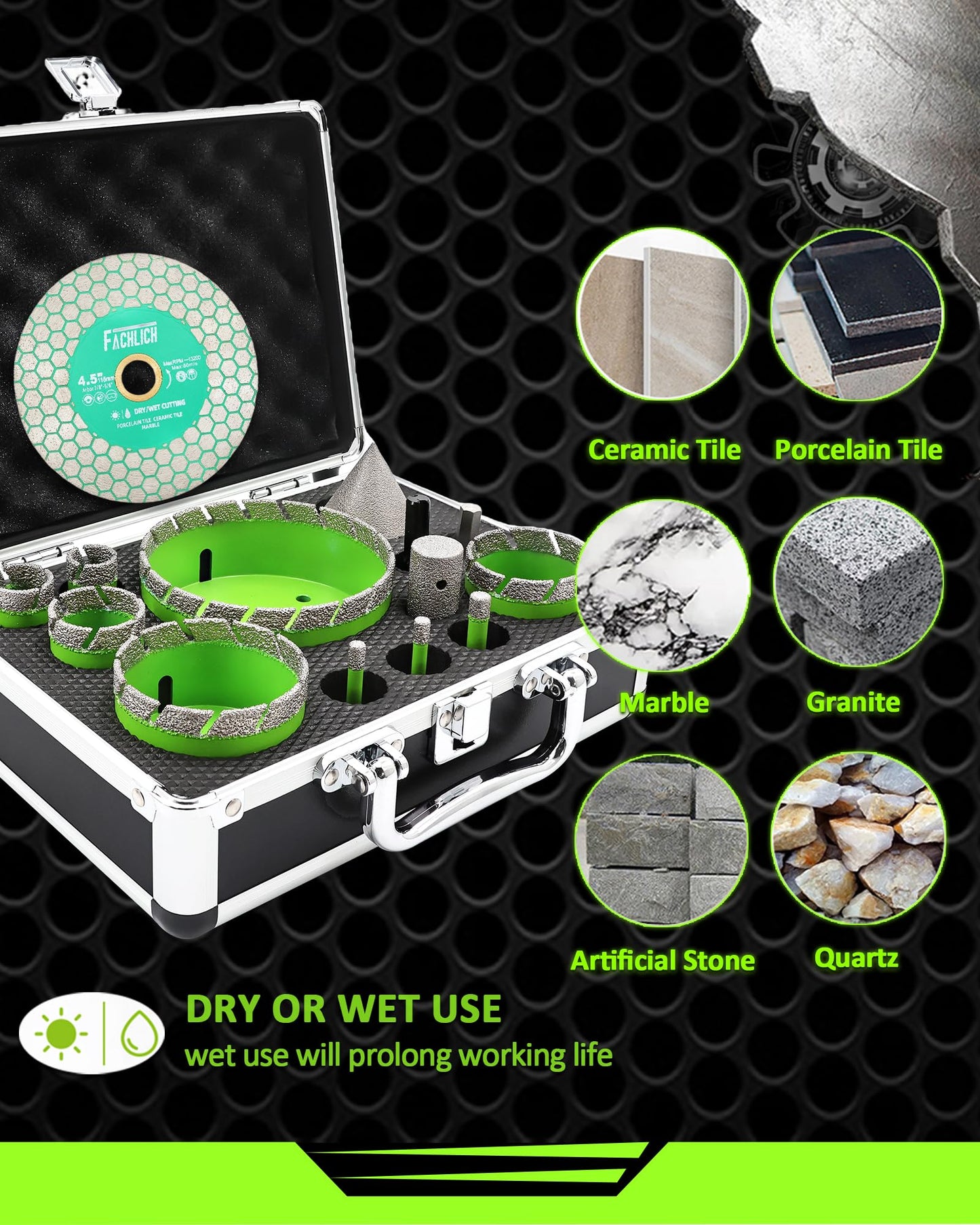 FACHLICH Tile Hole Saw Kit - 14pcs Diamond Hole Saw (6/6/8/20/25/35/50/65/100mm) with Finger Bit and Chamfer Bit, Tile Drill Bits for Porcelain Ceramic Marble Brick Granite,5/8"-11 Thread