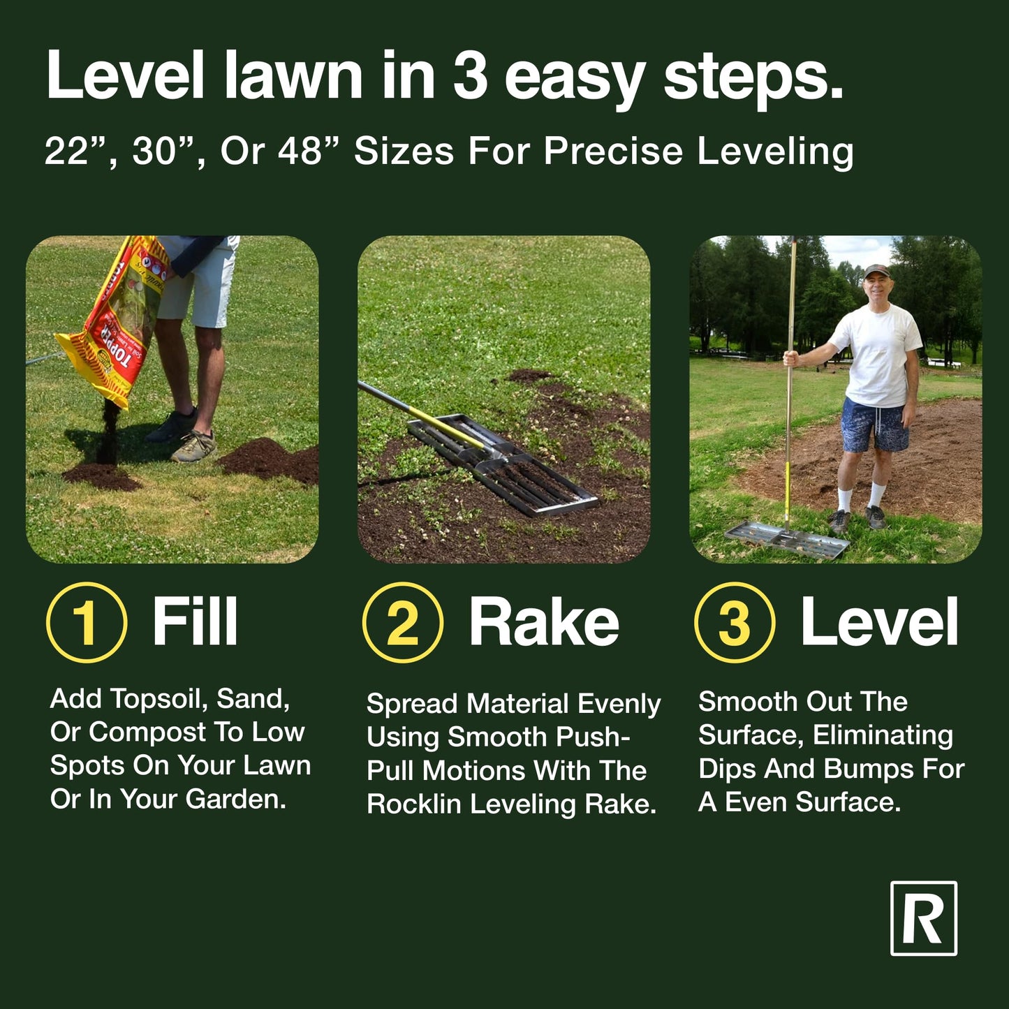Rocklin™ Lawn Leveling Rake | Stainless Steel | 30" x 10" Ground Plate | 78" Extra Long Handle for Yard for Dad, Husband & Men