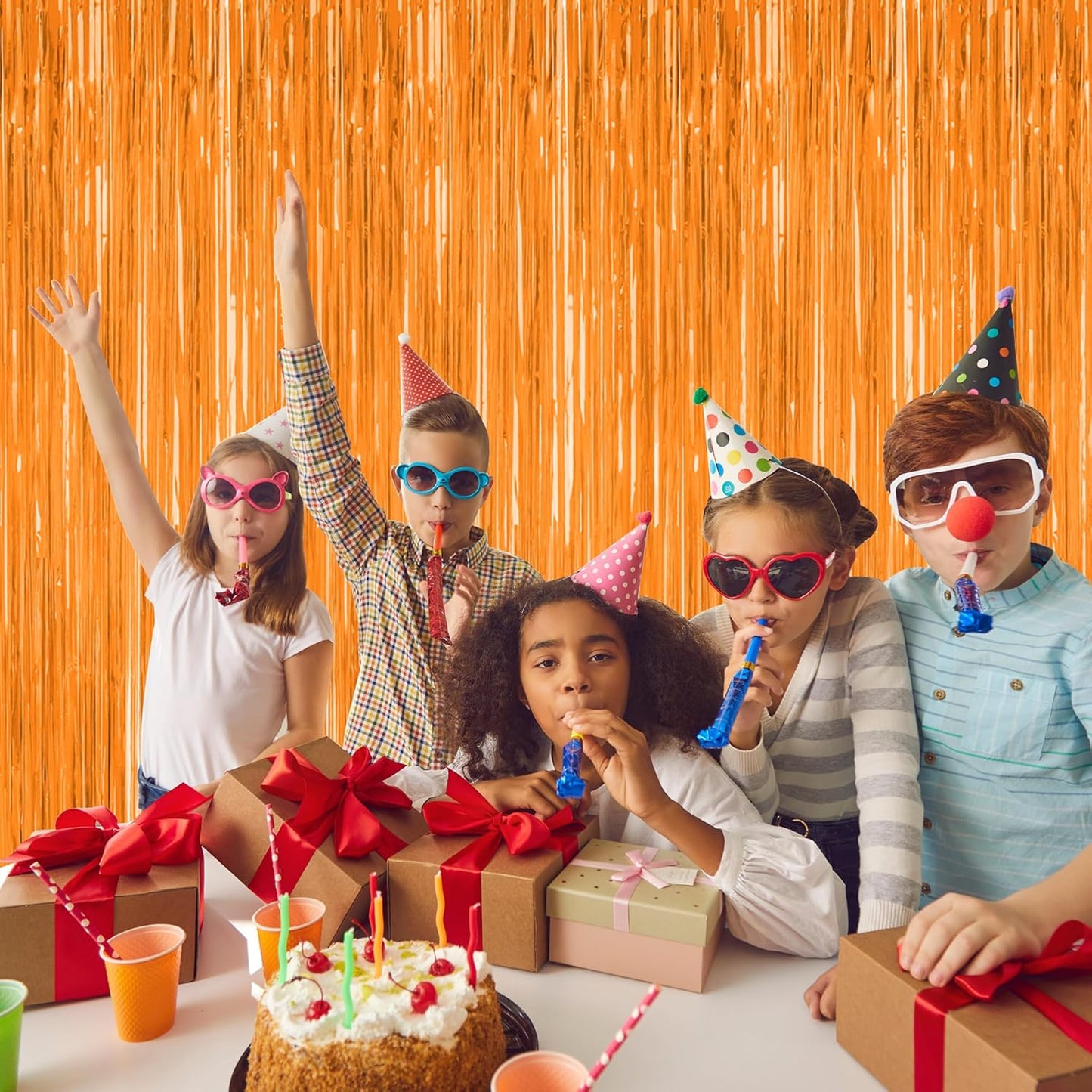 Skiennix 2 Pack Backdrop Curtains - 3.28 FT x 7.05 FT Orange Tinsel Foil Curtains for Parties & Events