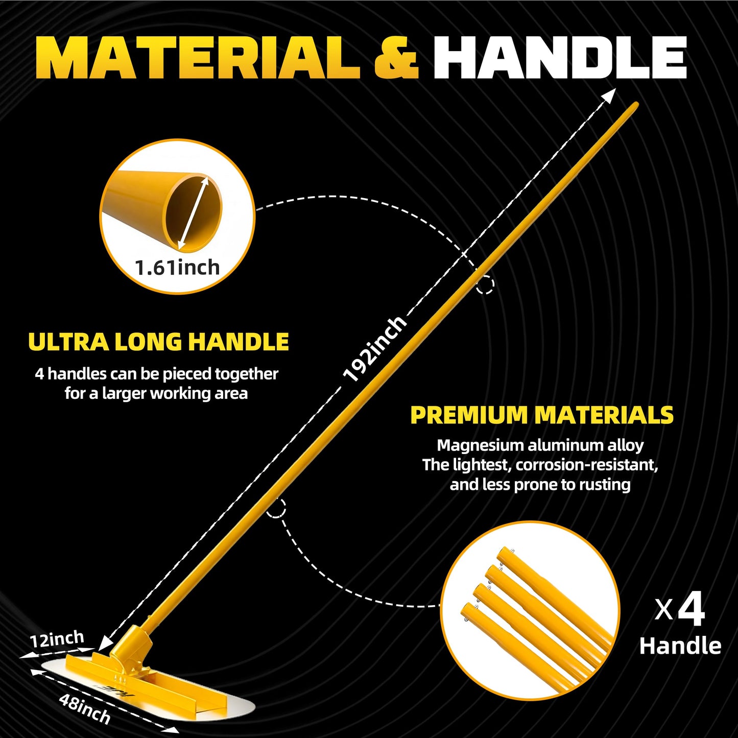 KJE Stainless Steel Bull Float Concrete Tools 48"x12" inch,Round End, Board Kit trowel Tool Cement Tools Float Bracket Concrete Tools with 48 inch Handles x 4, Screeding and Finishing Tool Kit