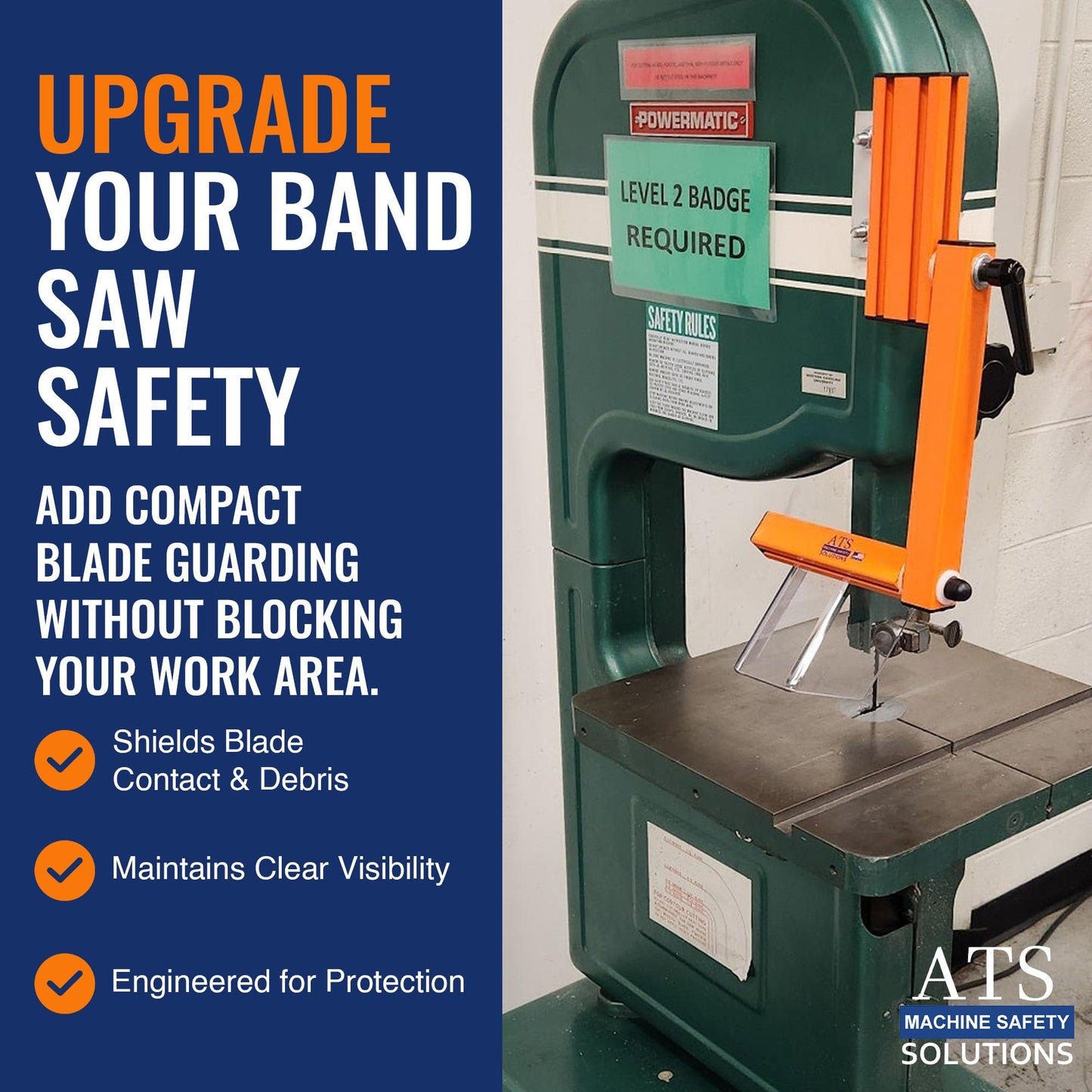 ATS VB-ES1 Vertical Band Saw Guard | High-Visibility Safety Shield for 15"+ Saws | Adjustable 7" Lexan & Aluminum Frame | Made in USA