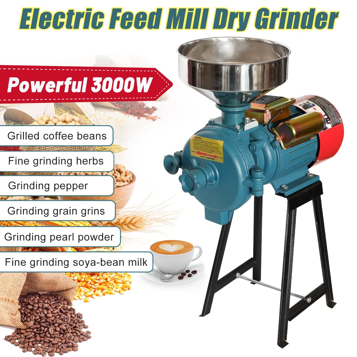 Electric Grain Grinder Mill, 3000W 110V Corn Grinder Mill Electric, Dry Cereals Rice Coffee Wheat Corn Mills with Funnel, Grain Grinders Mils Powder Machine