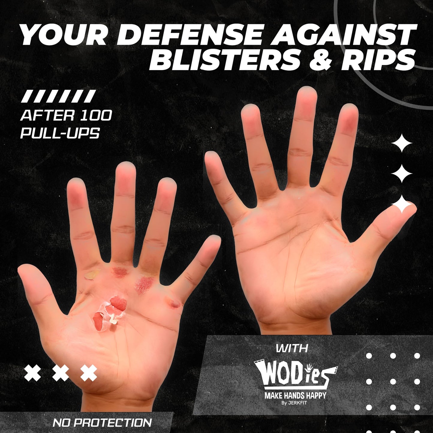 JerkFit WODies 3 Hole Gymnastics Grips with Wrist Support - Hand Grips, Latex Free Elastic Crossfit Grips for Weightlifting, Cross Training - Palm Protection Pull Up Grips (Grey Camo, S)
