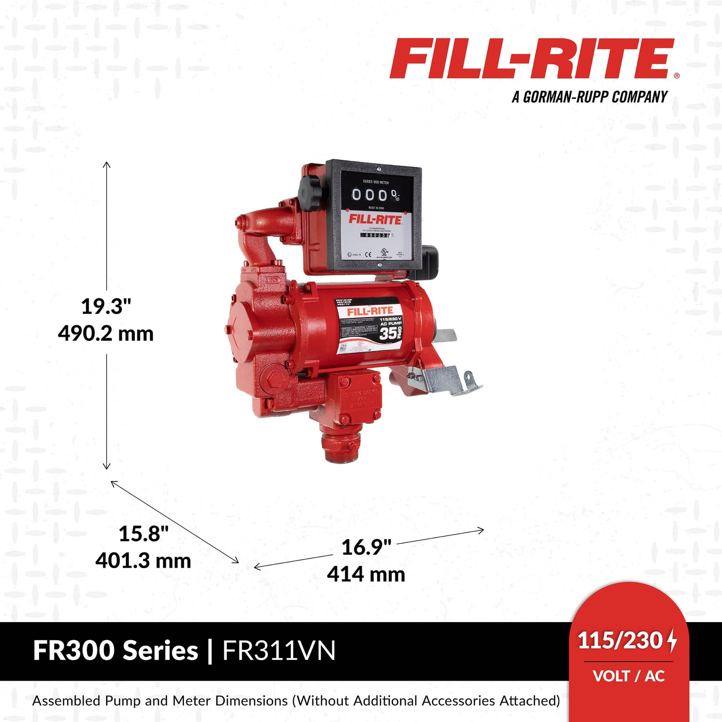 Fill-Rite FR311VN 115V/230V 35 GPM Fuel Transfer Pump with Mechanical Meter (Gallons) - Heavy-Duty Electric Pump with High Flow Rate and Durable Construction