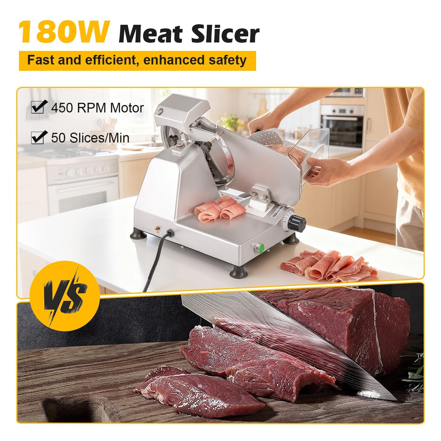 TECSPACE Commercial Meat Slicer,10 inch lectric Meat Slicer Machine, 240W Frozen Meat Deli Cheese Food Slicer with Adjustable Thickness, Meat Slicer For Commercial and Home use