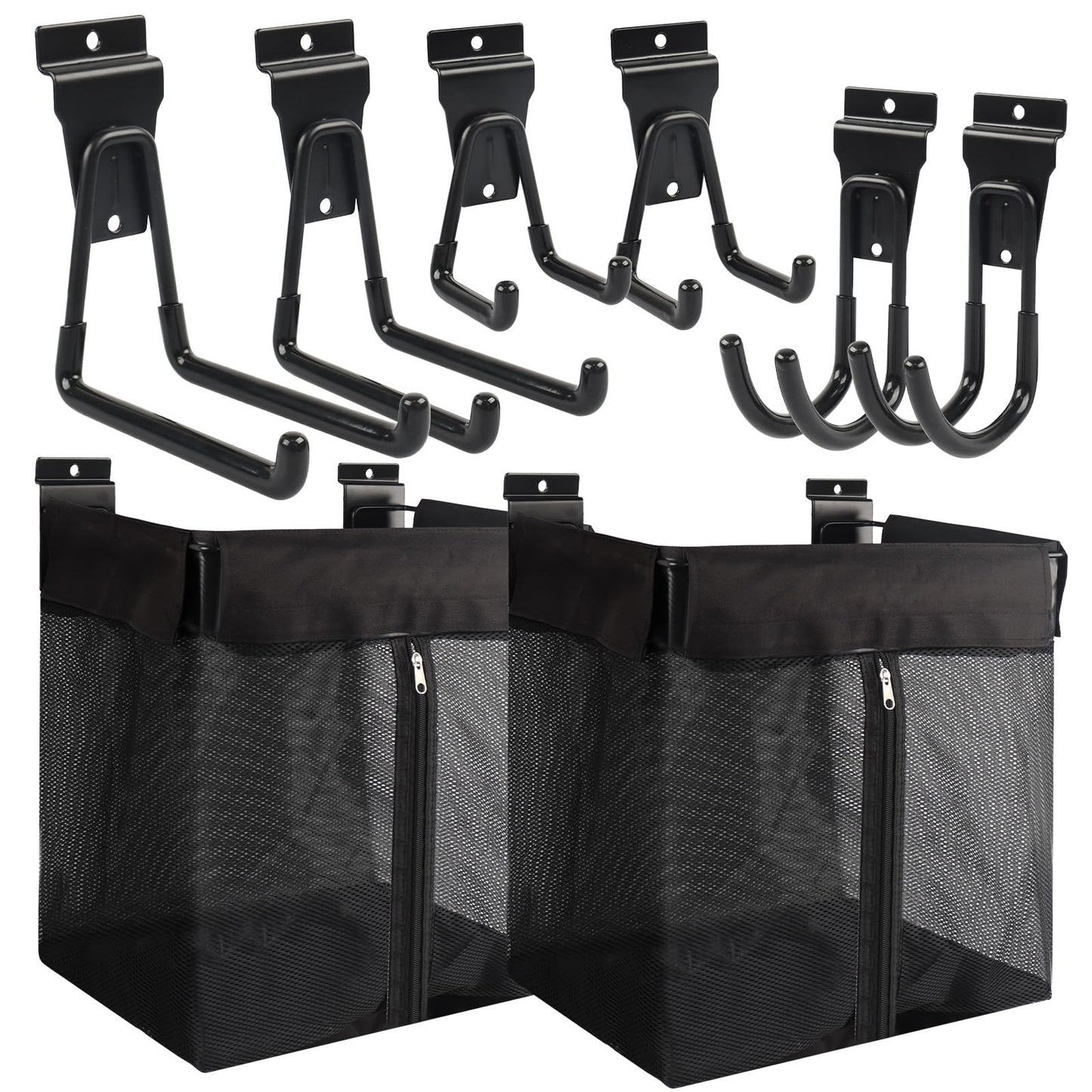ZORUNNA 2PCS Slatwall Basket with Zipper, 6 PCS Heavy Duty Hooks, 16x15x11 Inch Slatwall Accessories, Easy to Install Garage Storage Mesh Basket for Shop Gym Toy Display Storage.