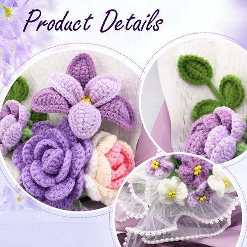 FUCAN Crochet Flowers,Finished Bouquet Crocheted Cotton Thread Flowers, Handmade Crochet Rose Tulip Fern Leaf as a Gift for Lover, Friends. Artificial Flower (Purple)