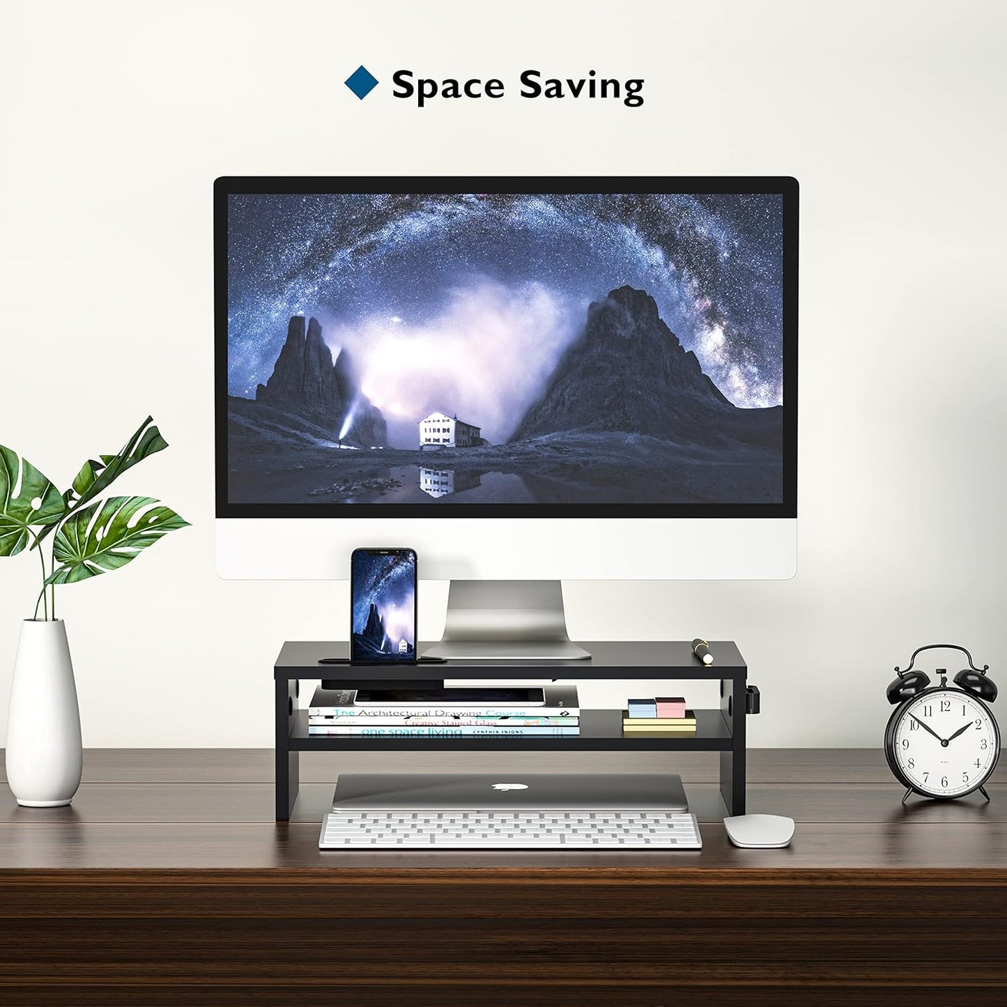2-Tier 16.5 Inch BONTEC Wooden Monitor Stand Riser, Desk Shelf with Storage Organizer, Ergonomic Computer Stand