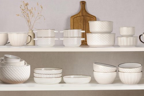KooK Ceramic Pasta Bowls - Large Capacity Embossed Serving Bowls | Microwave & Dishwasher Safe, Set of 4, Ivory with Dark Copper Accents