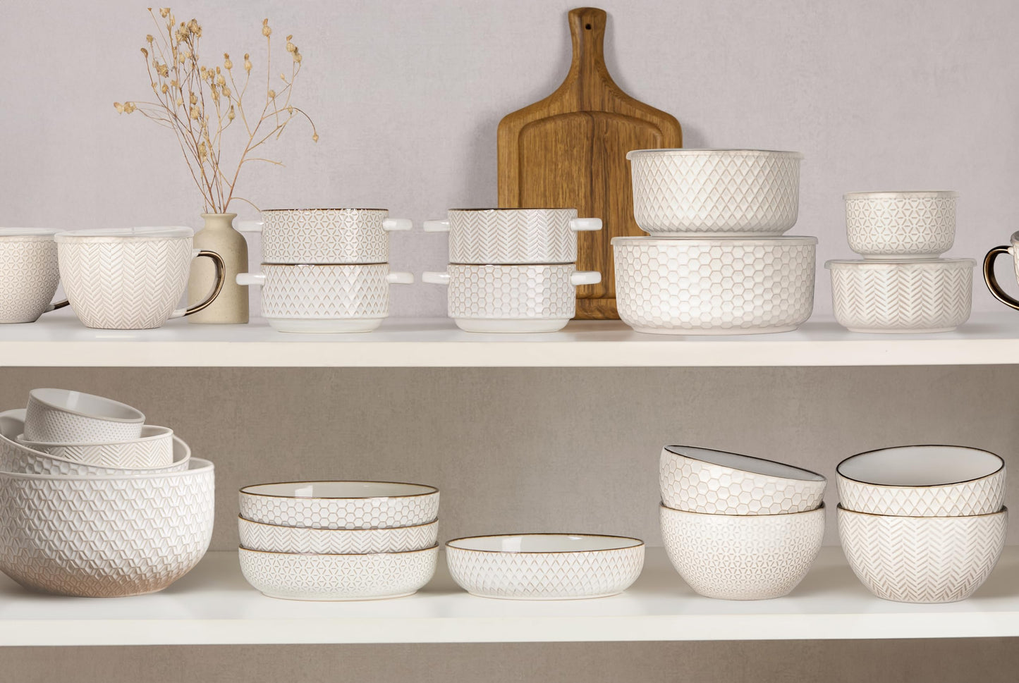 KooK Ceramic Soup Bowls with Handles, Embossed, for French Onion Soup, Pastas, Ramen, Stews, Microwave & Dishwasher Safe, Ivory with Hand-Painted Rim, Set of 4, 24 oz, Narbonne Collection