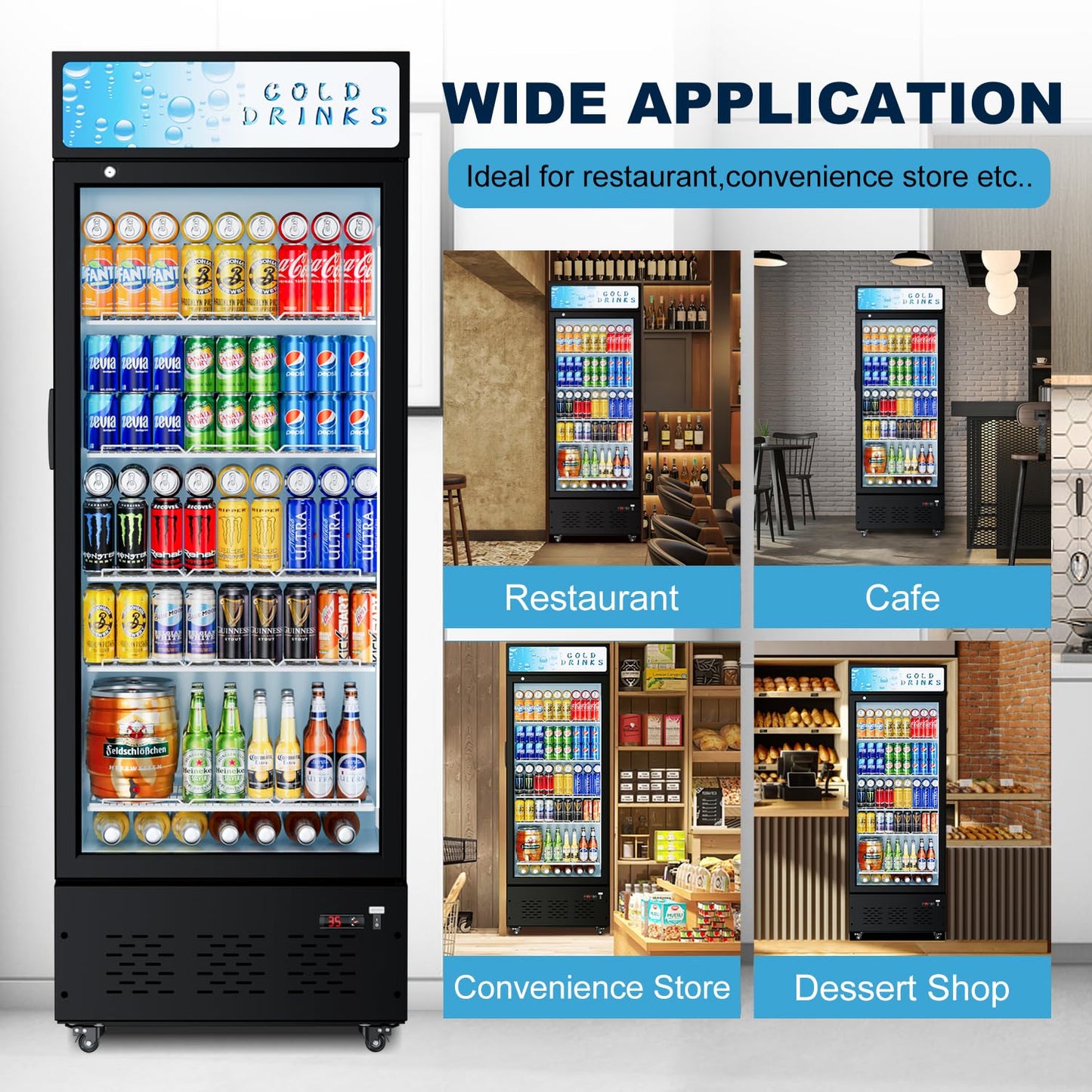 ECEVT 25.7'' W Commercial Refrigerators with Glass Door, 15 Cu.ft. Beverage Refrigerators Commercial Fridge Upright Display Cooler with Soft LED Light and Adjustable Shelves for Restaurant Stores