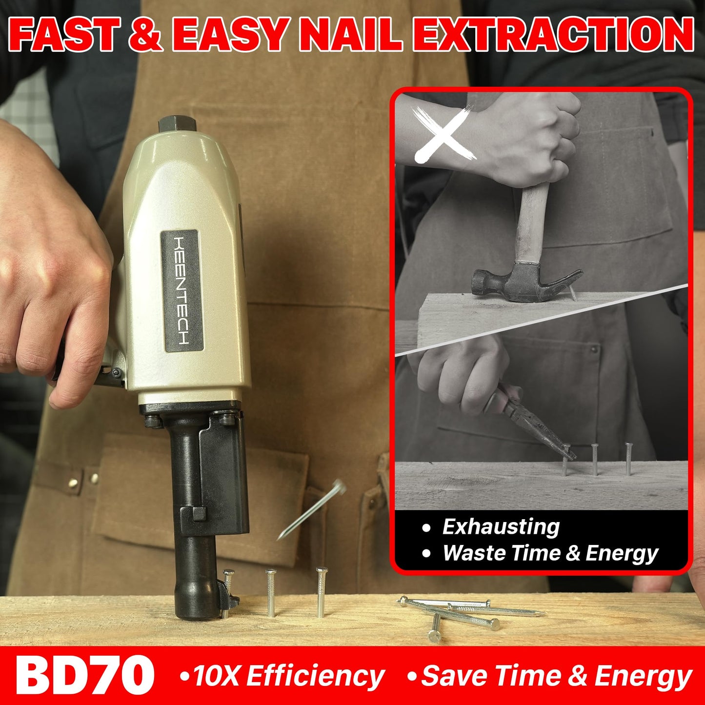 KEENTECH Pneumatic Nail Puller, Fast & Labor-Saving Nail Remover Tool, Denailer Air Gun With Safety Trigger, Nail Puller Tool Effortlessly Removes 3/4"-2-3/4" Nail From Recycled Wood, Pallets, Fences