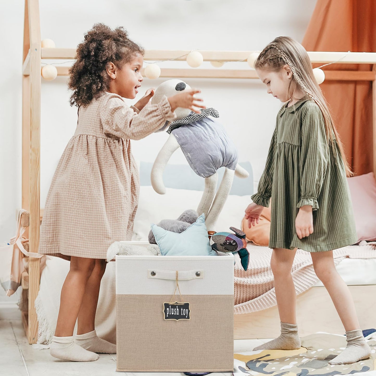 Dyvavna Storage Cubes,13x15x13 storage cube bins Set of 4,Foldable Fabric Storage Cubes with Labels,Linen Cube Storage Organizer Bins Kallax Storage Cubes for Organizing Shelves Cabinet(White Khaki).