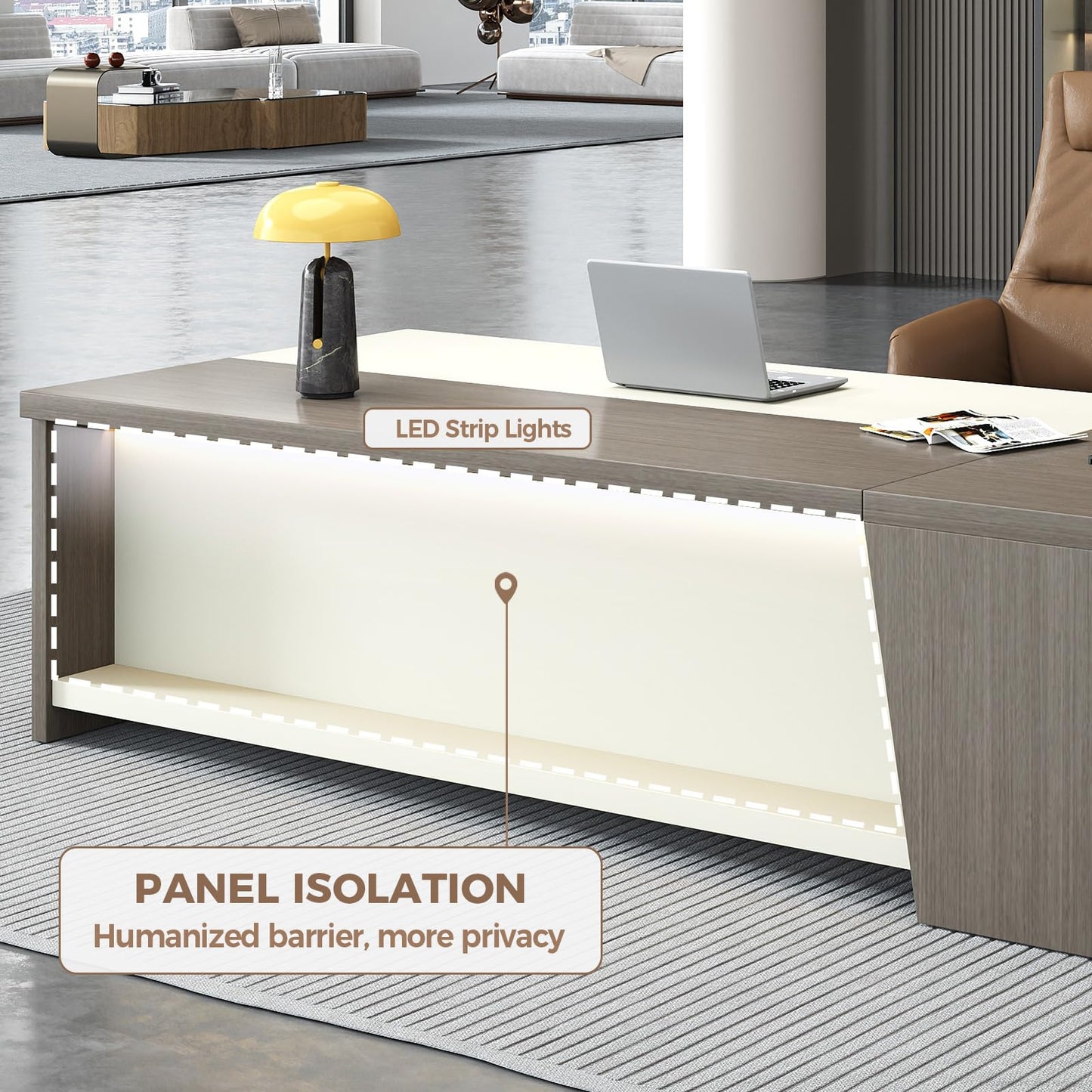 79-Inch L Shaped Executive Desk with Drawers, Large Modern Office Desk with Storage Shelves, LED Lighting, Built-in Power Outlet & USB Ports, Home Office Desk, Smoked Oak & Cream White, Left Return