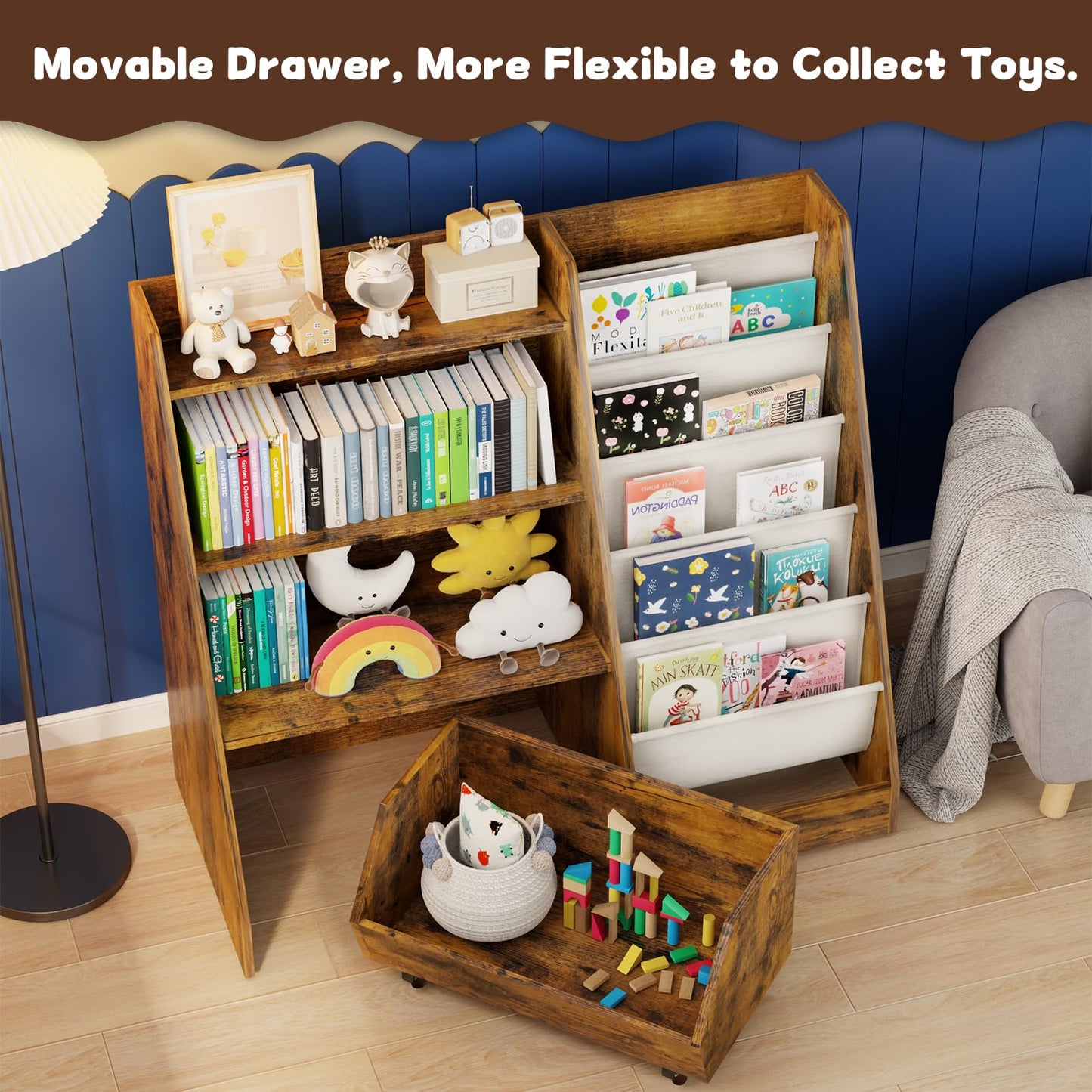 COZPAW Kids Bookshelf and Toy Storage, 4 Tier Toddler Bookshelf with Movable Drawer (Brown)