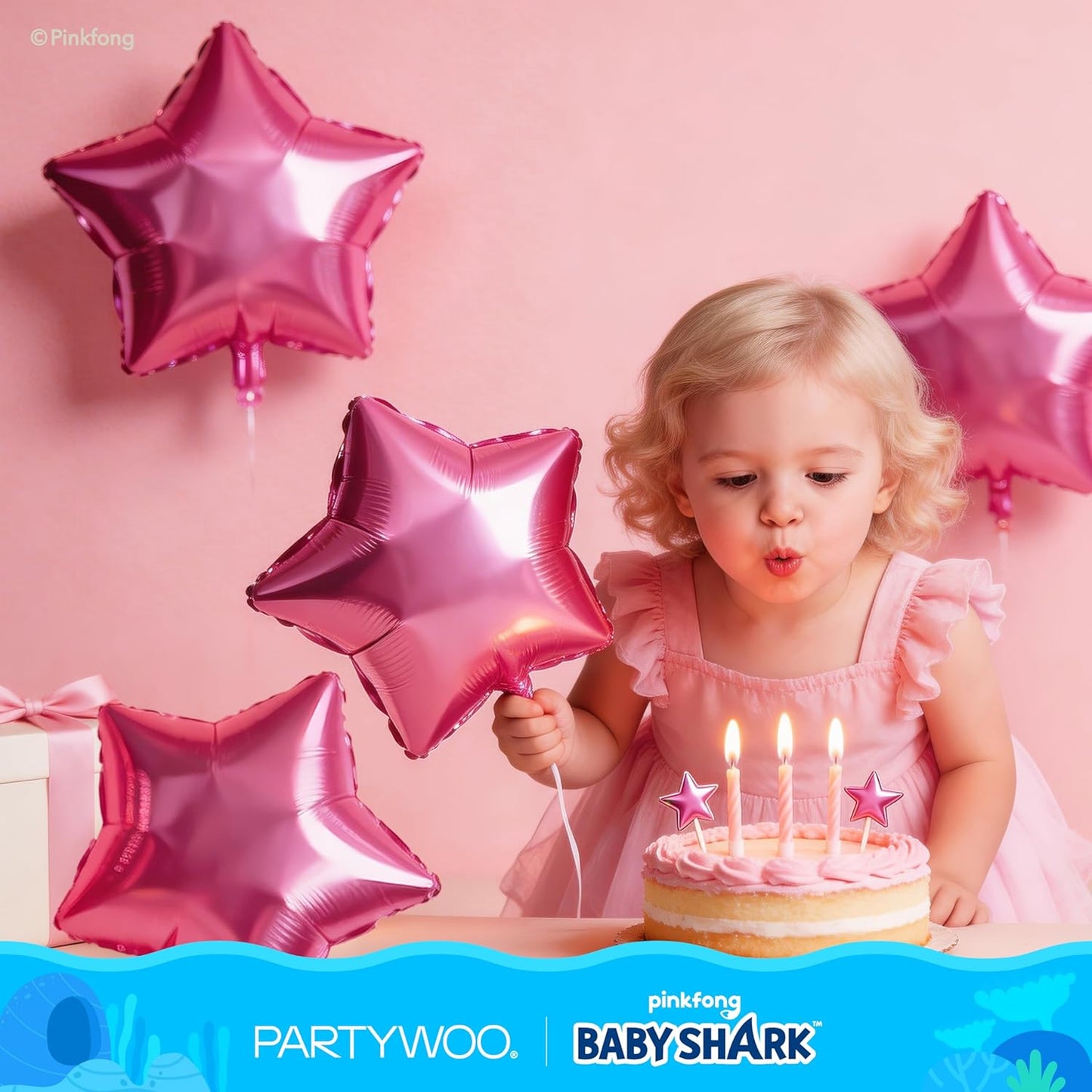 PartyWoo Baby Shark Family Foil Balloons - 13pcs Pink Round & Star Mylar Helium Balloons for Kids' Birthday Party Decorations