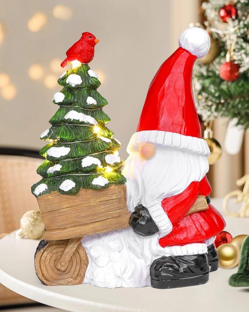 iStatue Santa Gnome Figurine - Lighted Mini Christmas Tree & Cardinal Decorations - 9.5 Inch Holiday Decor