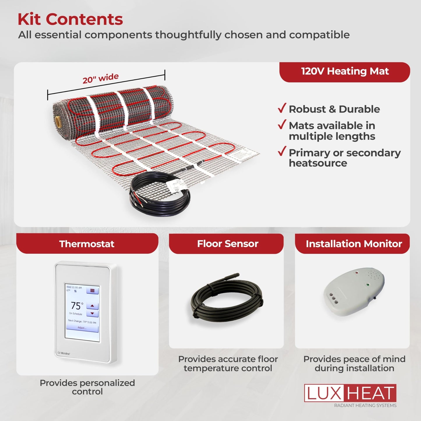 LuxHeat 40sqft Floor Heating Mat Kit - 120v Under Floor Heating System - Complete Electric Radiant Heated Flooring System Includes Alarm, UDG4 Programmable Thermostat w/GFCI & Flooring Sensor