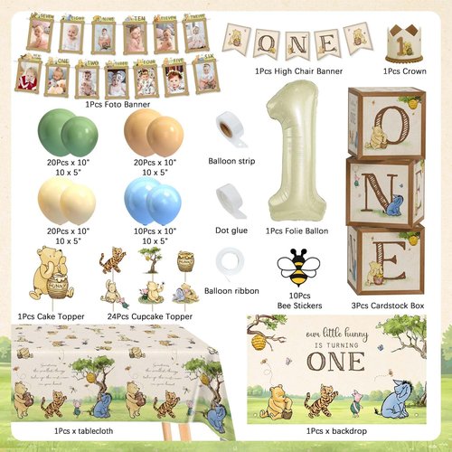 154pcs Winnie First Birthday Decorations Party Set, Classic Pooh Bear 1st Birthday Month Banner, High Chair Banner, ONE Box, Balloon Arch, Crown, Tablecloth, Backdrop, Cake Toppers and Stickers