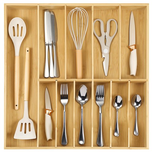Fabsome Silverware Organizer for Kitchen Drawers, 2.5'' Deep 18.8'' Wide Bamboo Wood Flatware Tray with Deep Slots for Large Cutlery Utensil Drawer
