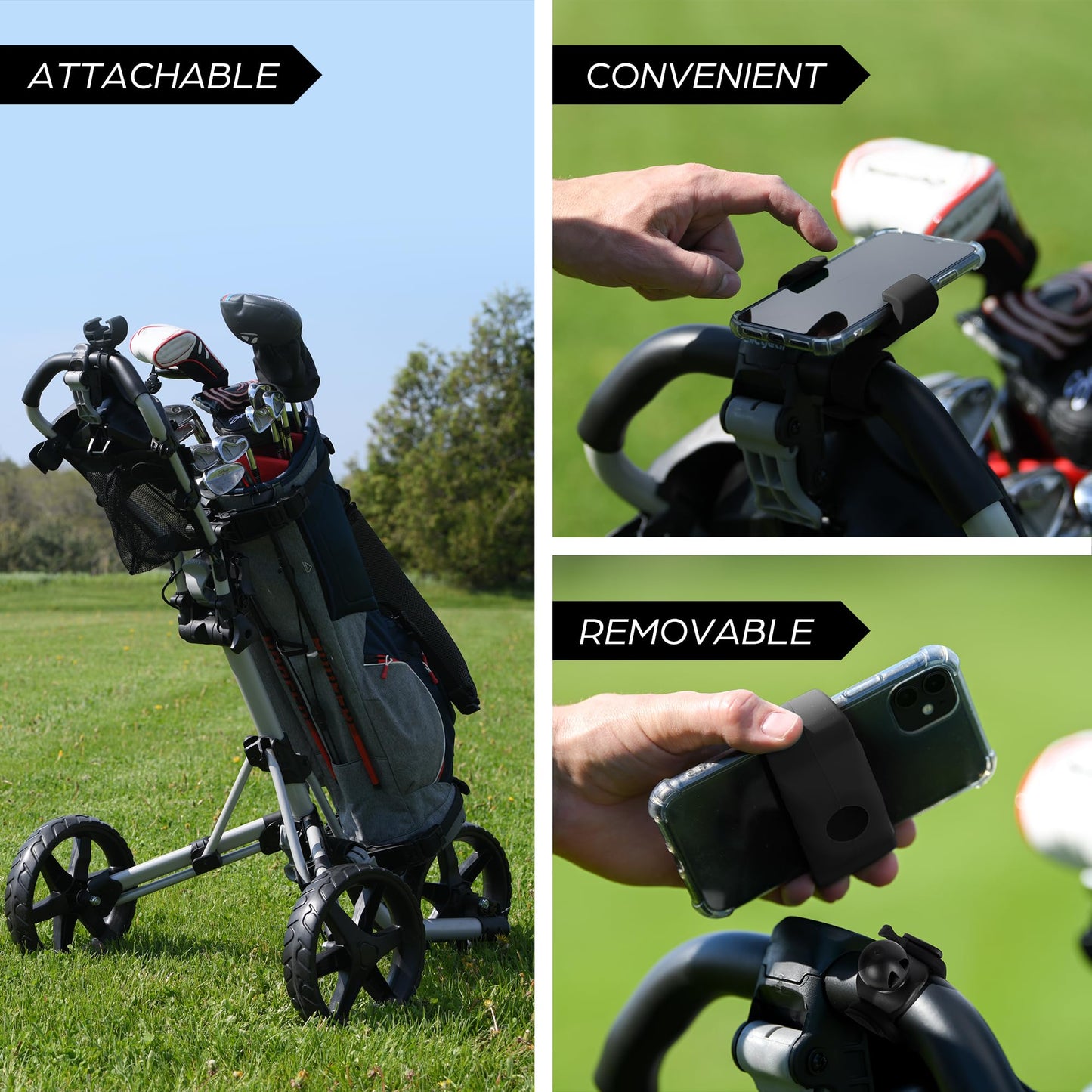 Black Harp Golf Push Cart Phone Holder - Silicone Phone Mount Compatible with Clicgear, Sun Mountain, Caddytek, Rovic, Caddy, Bag Boy & More- Golf Push Cart Accessories for Cell Phones