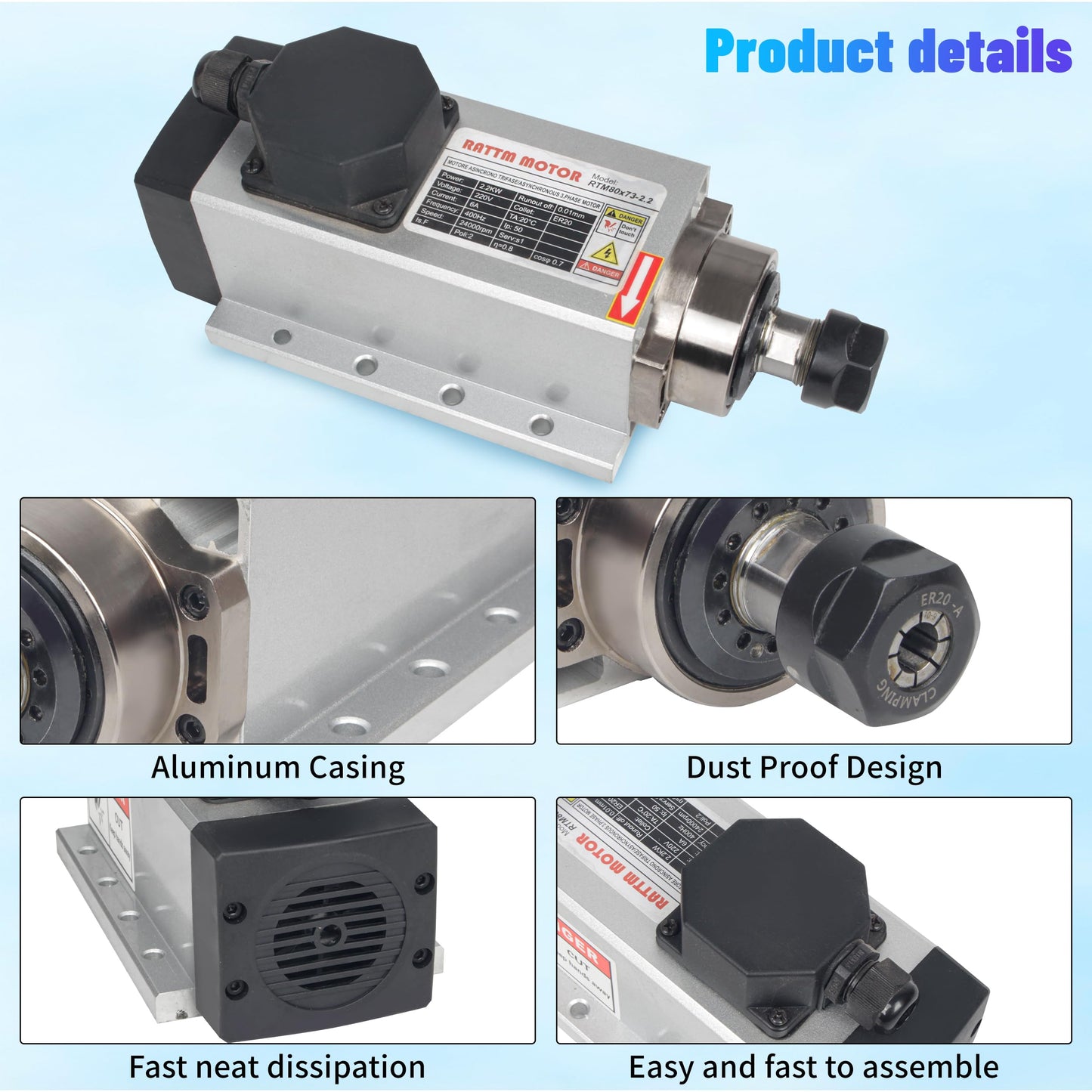 RATTMMOTOR 2.2KW Spindle Motor 220V Square Air Cooled ER20, 24000RPM High Speed Spindle 4 Bearings 3-Phase 6A 400Hz for CNC Router Engraver Milling Cutting Machine