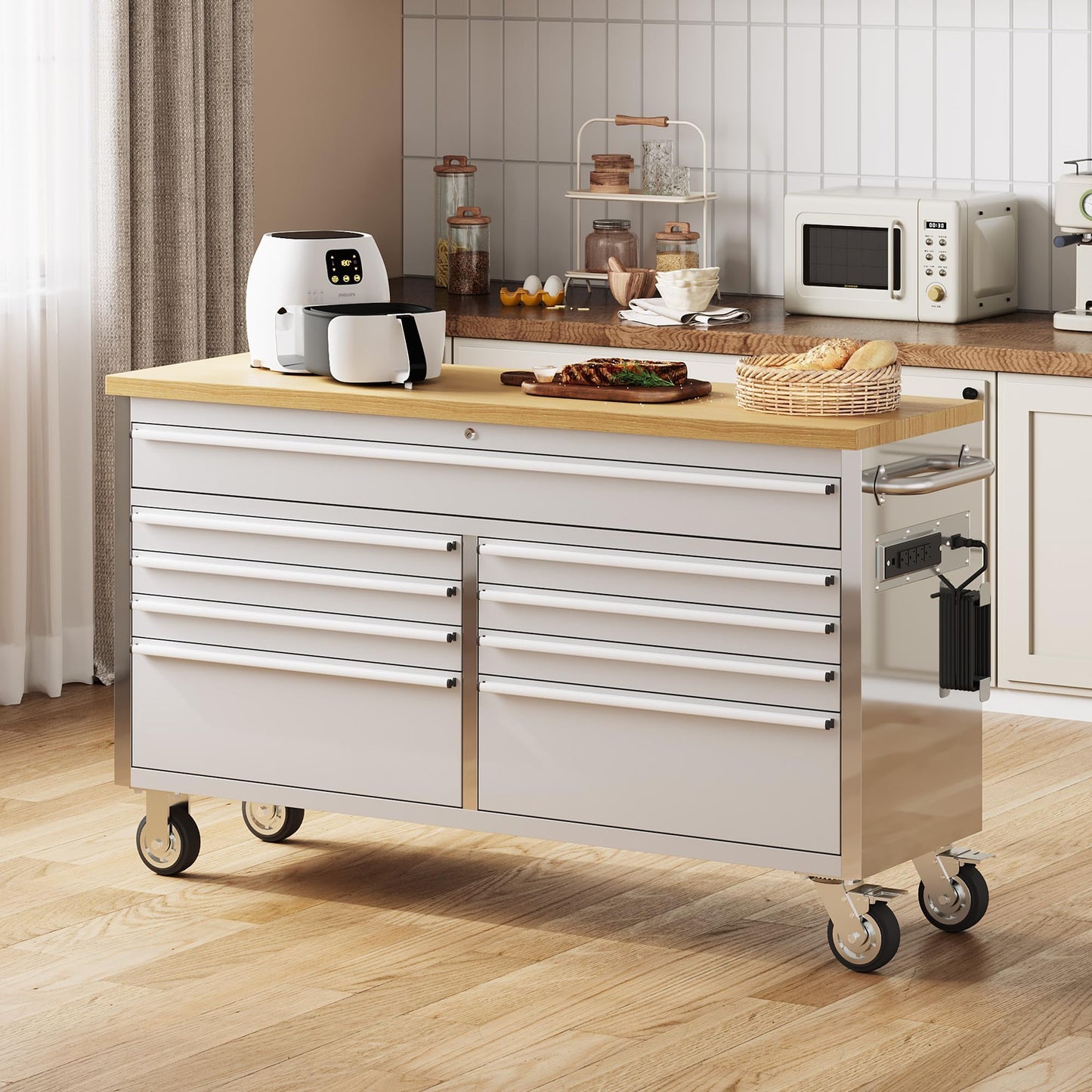 61-Inch Heavy-Duty Rolling Tool Chest & Mobile Workbench with 9 Drawers, Steel Storage Cabinet, Rubber Wood Tabletop, Key Locking System and Drawer Liners for Garage, Workshop, Repair Shop, Silver