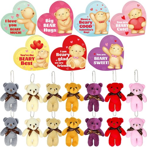 BCUEIDO 28 Pack Valentine's Day Gifts Cards with Bears Plush, Valentine's Cards for Valentines Exchange, Prize Supplies, Valentines Party Favors