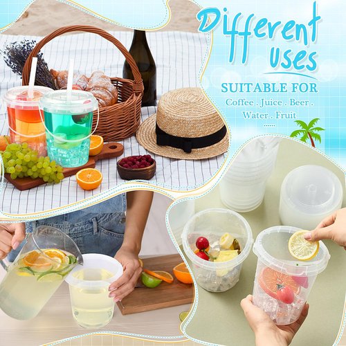 Funnymoom 100 Set 34oz Clear Plastic Drink Buckets with Lids and Straws Disposable Iced Coffee Cups Rum Buckets for Cocktail Parties Smoothie Cup Bulk with Handles for Beach Pool Party Supplies