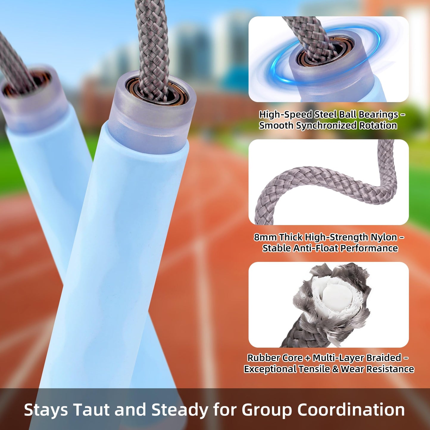 YUEDONG 8mm Thick Long Group Jump Rope 7 Meters Adjustable - Heavy Duty Nylon-Cotton Blend Collective Skipping Rope with 360° Ball Bearings, Wave Texture Full Silicone Anti-Slip Ergonomic Handles for School Team Activities Group Fitness (1, BLUE, 7M)