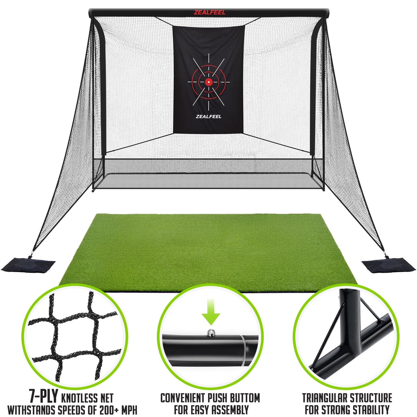 Zealfeel Golf Net, 10x7ft Golf Simulator Enclosure Net with Side Barriers, Low-Noise Silk Target, Carry Bag, 2 Sand Bags, 4 Stakes, Hiting Net for Backyard Driving Chipping Indoor Outdoor Use