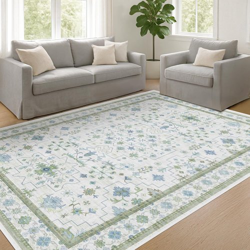 Hazo Haus Cream Oushak 7x9 Area Rug - Boho Floral Design in Cool Blue & Green, Washable Non-Slip
