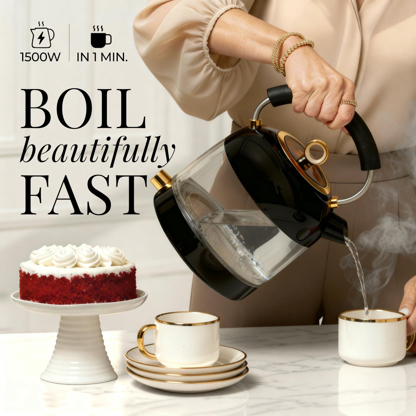 Glass Electric Kettle No Plastic, Stainless Steel, Auto Shut Off and Keep Warm Function - Black and Gold Tea Kettle with Temperature Control – 1500W Fast Hot Water Boiler for Coffee and Tea