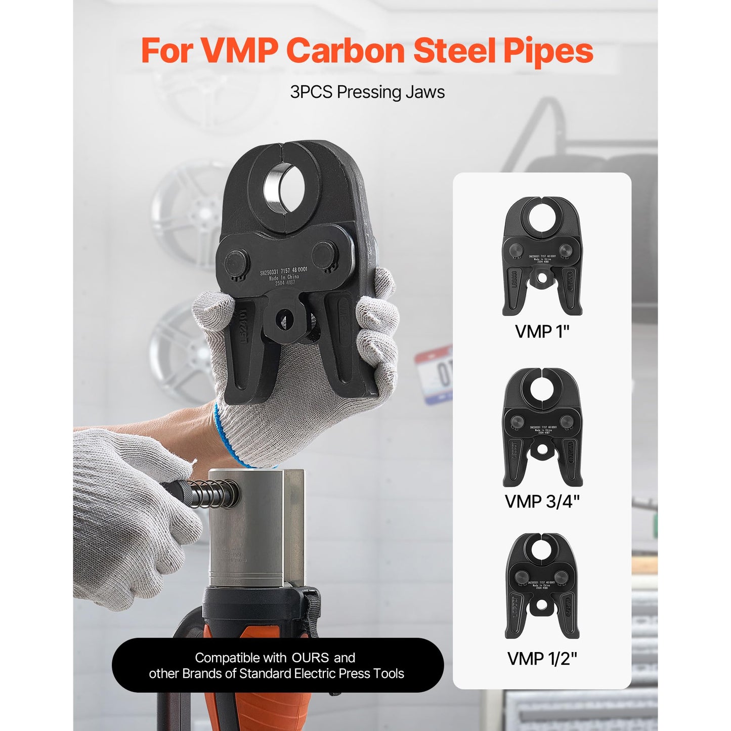 VEVOR VMP Press Jaws, 3PCS Pressing Jaws 1/2", 3/4" & 1" - Compatible with Megapress Carbon Steel Pipes, Work with 32KN Standard Press Tools, Includes Carrying Case