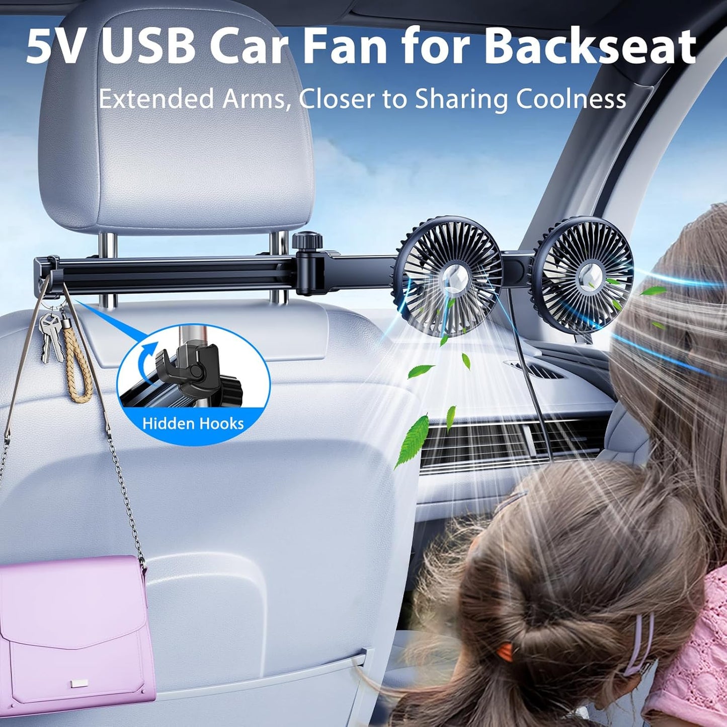 360 3 Car Fan for Backseat kids with Retractable Long Arm, [Comes with Car Charger] USB Car Seat Fan Headrest Degree