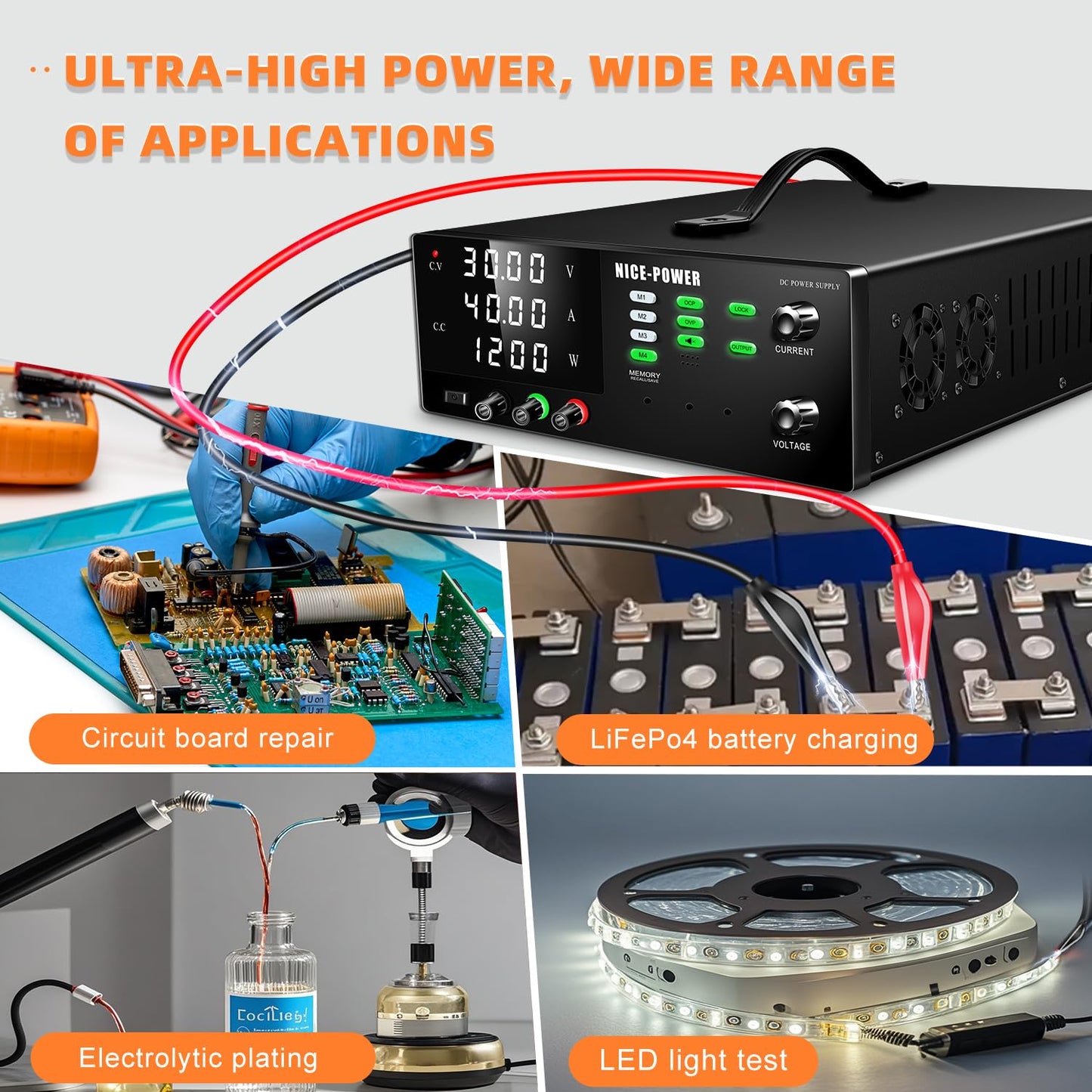NICE-POWER DC Power Supply Variable, 30V 40A 1200W High Power Switching DC Regulated Bench Power Supply with Output Switch, OCP & OVP, Memory Function, Encoder Knob, 4-Digit LED Display, Lock Button